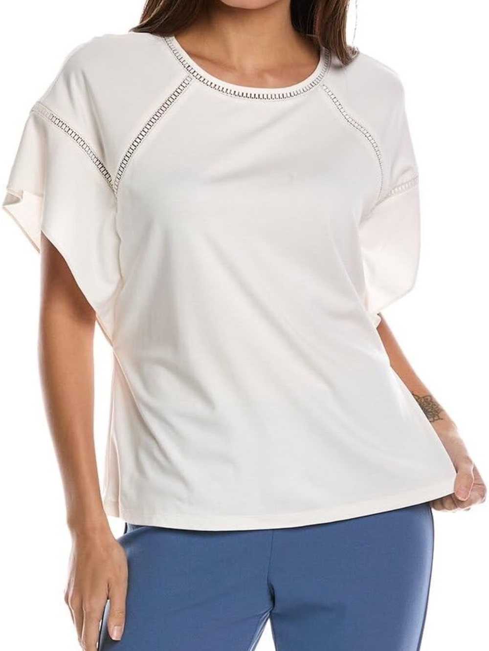 Anne Klein Cream Short Sleeve Knit Top with Eyelet Trim size 1x lightweight chic